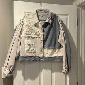 POL Blue and Cream Lace Jean Jacket